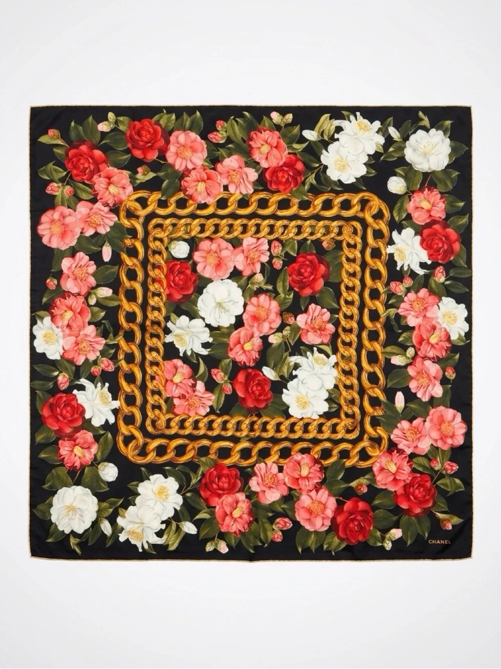Vintage CHANEL Silk Scarf Camellia Gold Chain Print Made in Italy 33” Square
